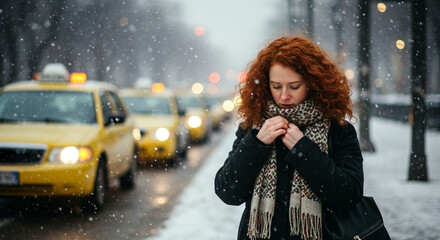 Taxi queue in snow with passenger adjusting scarf, urban winter transportation