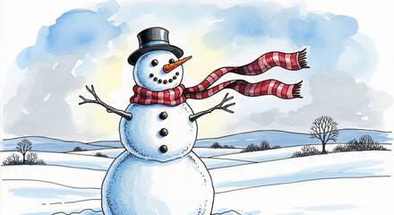 Fototapeta premium Snowman wearing hat and scarf in snowy winter landscape. Holiday season decoration. Christmas card or New Year greeting.