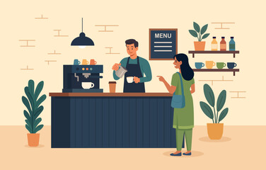 Female customer talking to man at counter in cafe shop. Barista brews hot drinks on a coffee machine, standing behind the bar in the cozy interior of an eco-friendly cafe. Hospitality service scene