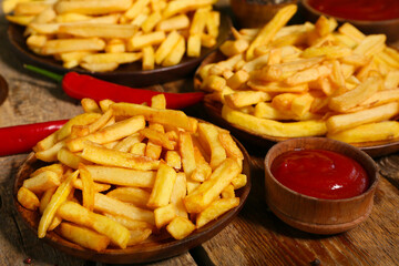 Plates with tasty french fries, bowl of ketchup and chili peppers on wooden background
