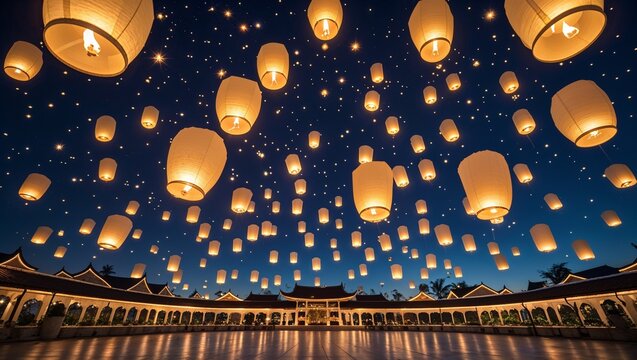 Heavenly plaza with floating lanterns rising endlessly into starlit s