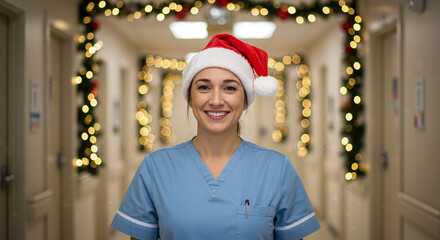 Christmas in medicine nurse celebrating holiday season in hospital corridor, festive healthcare appreciation and hospital staff morale