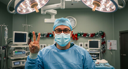 Surgeon in hospital operating room making peace sign, healthcare professional celebrating holiday