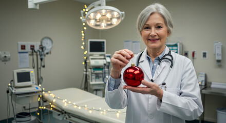 Doctor in white coat holding Christmas ornament with stethoscope in festive hospital setting, Christmas in medicine