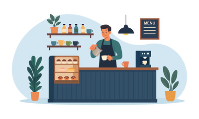 Barista making coffee with milk in cozy cafe. Man brewing hot drink with espresso machine standing at bar counter desk. Hospitality service scene
