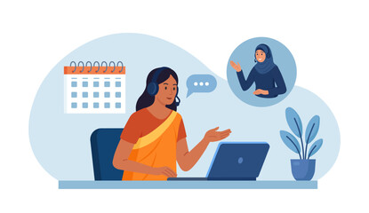 Indian woman hosts video meeting with client. Remote work. Customer care support, training, inclusive digital communication. Diverse team members connect through video call. Online business conference