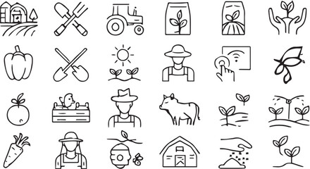 Obraz premium Farming icon set. Agriculture related line icons: farm, gardening, smart farm, farm animals, seeding, farmer and more. Editable stroke. Vector illustration 
