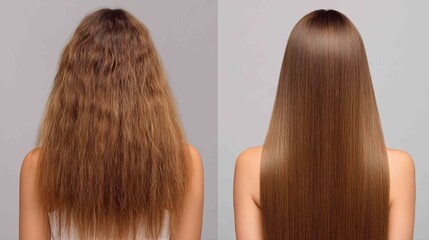 Hair Transformation: An inspiring before-and-after visual showcasing the amazing transformation from frizzy, unruly hair to sleek, smooth perfection, embodying the essence of hair care and beauty.