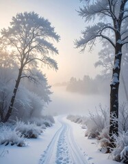 Wintry forest scene with path covered in snow and footprints