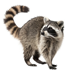 Fototapeta premium A raccoon stands on its hind legs, showcasing its distinctive black mask and bushy striped tail. The animal has gray fur and a curious expression.