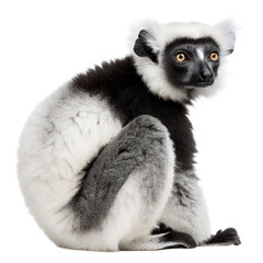 A black and white lemur sits in a relaxed position. It has large eyes and a fluffy coat, showcasing its distinctive coloration and features.