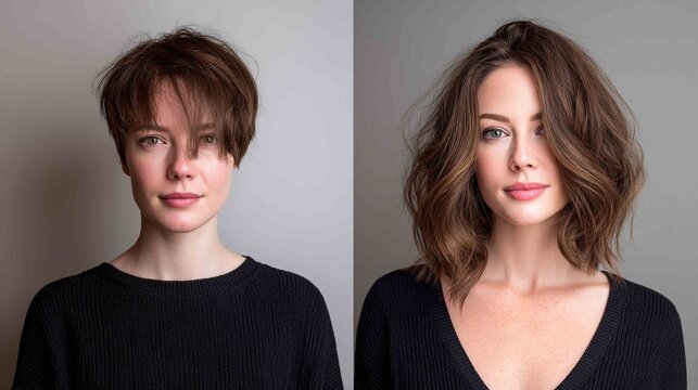 Hair Transformation: A before-and-after shot showcases the beauty of hair transformation, with a woman sporting a short pixie cut transforming into a chic bob, highlighting the versatility of style.