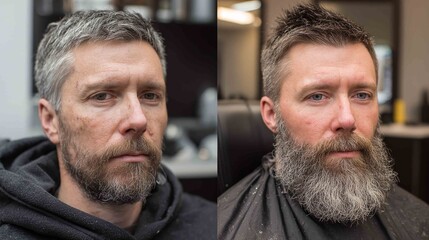 Fototapeta premium Before & After: A man undergoing a remarkable transformation through a stylish beard and haircut, showcasing the power of grooming and personal style.