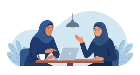 Muslim business meeting. Women in national costumes are discussing project in cafe. Startup presentation. Business consultation, deal talk. Arab friends working, studying together in co-working space