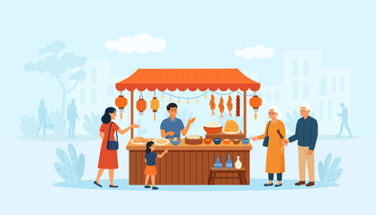 Asian street market kiosk. Local outdoor fair. Colorful street food stand with lanterns and buyers at counters. Friendly vendor serving dumplings and noodle to customers. Arabic or Indian marketplace
