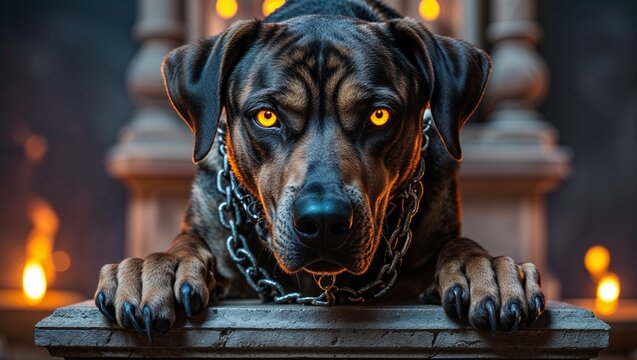 Hell hound chained to altar of guilt, eyes glowing with cursed fi