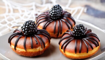 Three Spider Donuts With Blackberries On Top