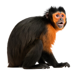 Obraz premium A black howler monkey sits against a black background. It has a distinctive orange face and fur on its chest, showcasing its unique features and expression.