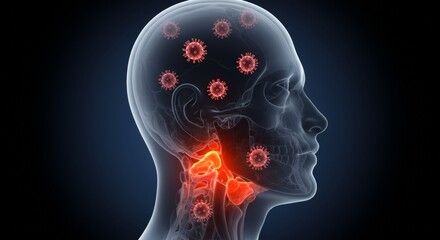 Obraz premium 3d rendering of human head with viral infection and inflammation, highlighting brain and throat pain