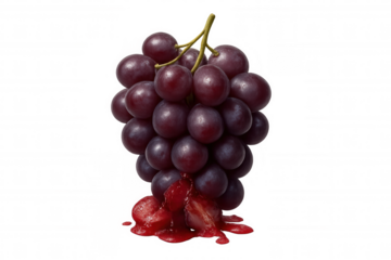 Bunch of red grapes crushing, juice bleeding out creating a messy splattering, on transparent background