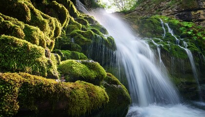 A Waterfall Rushes Down A Rocky Cliffside With Moss And Fresh Greenery Along Its Steep Slopes