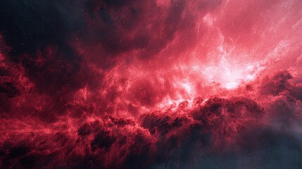 Fototapeta premium A vivid display of red clouds and cosmic dust creates a mesmerizing night sky. The dramatic colors blend seamlessly invoking a sense of wonder and beauty in the universe.
