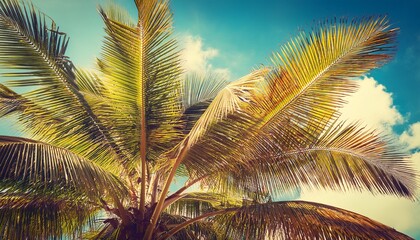 Coconut Palm Tree Foliage Under Sky Vintage Background Retro Toned Poster
