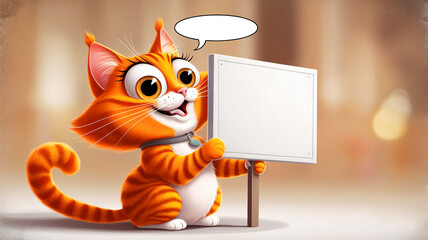 A playful orange tabby with big eyes presents a blank sign in a warm, soft-lit scene. Great for ads, greetings, or announcements, conveying friendly, approachable communication and fun. 
