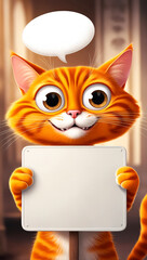 Fototapeta premium A cheerful orange cat cartoon holds a blank white sign, ready for your message. Bright, friendly stock image perfect for ads, kids, education, or social media campaigns.