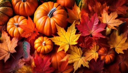 Vibrant Pumpkins Maple Leaves Fall Foliage Autumnal Colors Holiday Pumpkin Patch Design