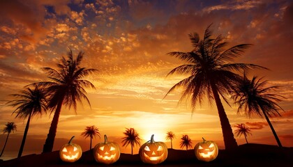 Halloween Sunset Scene With Palm Trees And Jack O Lanterns