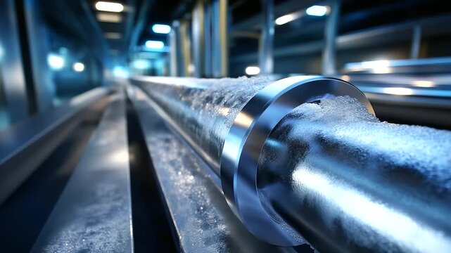Industrial refrigeration concept &mdash; gleaming steel pipes layered with frost, crisp lighting and shadow contrast showing high-tech cooling system, with copy space.