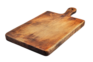 Rustic wooden cutting board with handle, weathered texture on transparent background