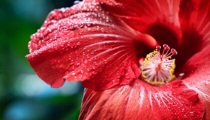Beautiful Tropical Hibiscus Flower Closeup With Red Petals Covered In Fresh Water Drops Natural Botanical Macro Detail Lush Summer Floral Bloom Background For Exotic Seasonal Abstract Beauty