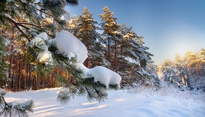 Pine Branches In The Snow Winter Forest Landscape