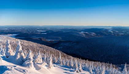 Panoramic Frozen And Snow Covered Landscape In The Morning From The Summit Of St Joseph Mountain On A Cold Winter Day Megantic National Park Qc Canada
