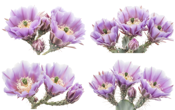 Four clusters of prickly pear cactus flowers with delicate purple petals and green centers isolated on a transparent background
