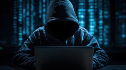 A person wearing a hoodie sits in a dimly lit room engaged with a laptop. The screen reflects digital code and a mysterious blue light creating an intense atmosphere.