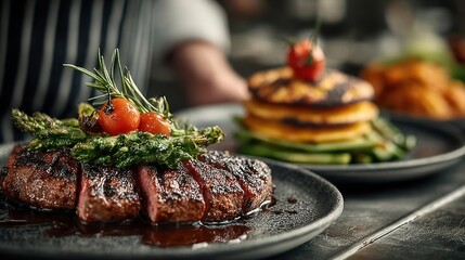 Chef holding two plates of food in hotel kitchen, close-up on hands and dishes