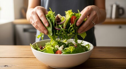 Person tossing fresh mixed green salad with vegetables in a white bowl on wooden kitchen counter, promoting healthy eating and home cooking.