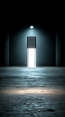 Hyperrealistic image of a single USB stick glowing above a dark table, symbolizing data storage, technology, innovation, and digital connectivity.