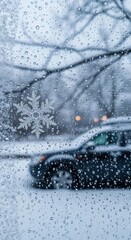 Close-up view of a delicate snowflake and water droplets on a frosted window pane with blurred snowy landscape and warm lights in background, capturing winter atmosphere.