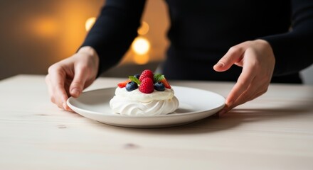 A person serves a delicate pavlova dessert topped with fresh berries on a white plate, creating a warm and elegant dining atmosphere.