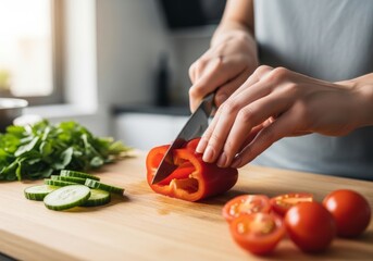Close-up of female hands slicing a red bell pepper on a wooden cutting board next to tomatoes and cucumbers. Represents healthy cooking, meal prep, and fresh ingredients.