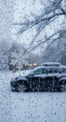 Macro close-up of a delicate snowflake and water droplets on a frosted window pane with blurred snowy landscape, bare trees, and warm lights in the background, capturing winter atmosphere.