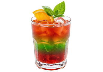 Colorful red and green layered cocktail with ice, orange slice and basil in a glass on isolated background on transparent background