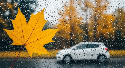 Close-up of a bright yellow maple leaf stuck to a car window covered in raindrops, with a blurred view of a rainy autumn road and yellow trees in the background.