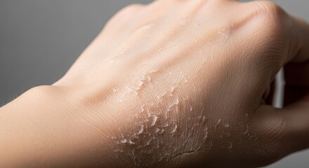 A close-up of a hand with dry, peeling skin against a neutral background, highlighting a textured and natural skincare concern atmosphere.