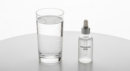 A bottle of hyaluronic acid serum and a glass of sparkling water on a white table. A minimalist concept representing skincare, beauty, and deep skin hydration and health.