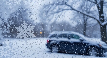 Macro close-up of water droplets and crystalline snowflake pattern on a frosted window pane with a blurred snowy winter landscape, car, and warm lights visible through the glass.